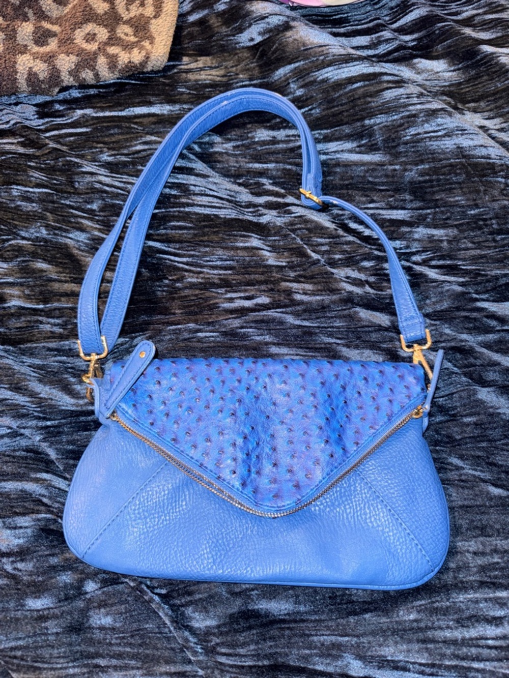 Blue Crossbody Shoulder Bag with Textured Flap